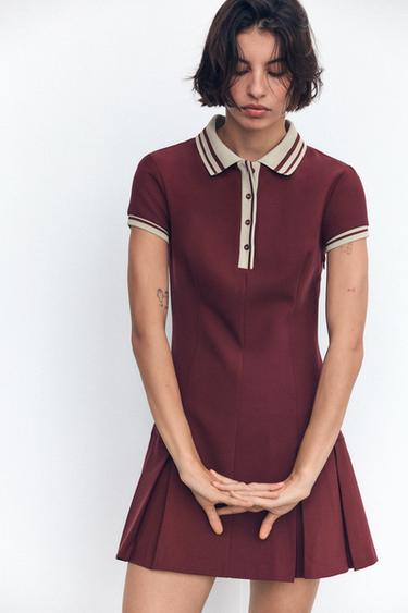 CONTRAST RIBBED DRESS WITH BOX PLEATS - Wine by Zara