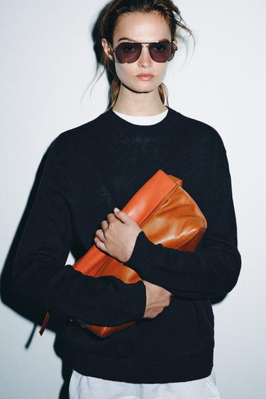 Zara LEATHER FLAP BAG - Beige