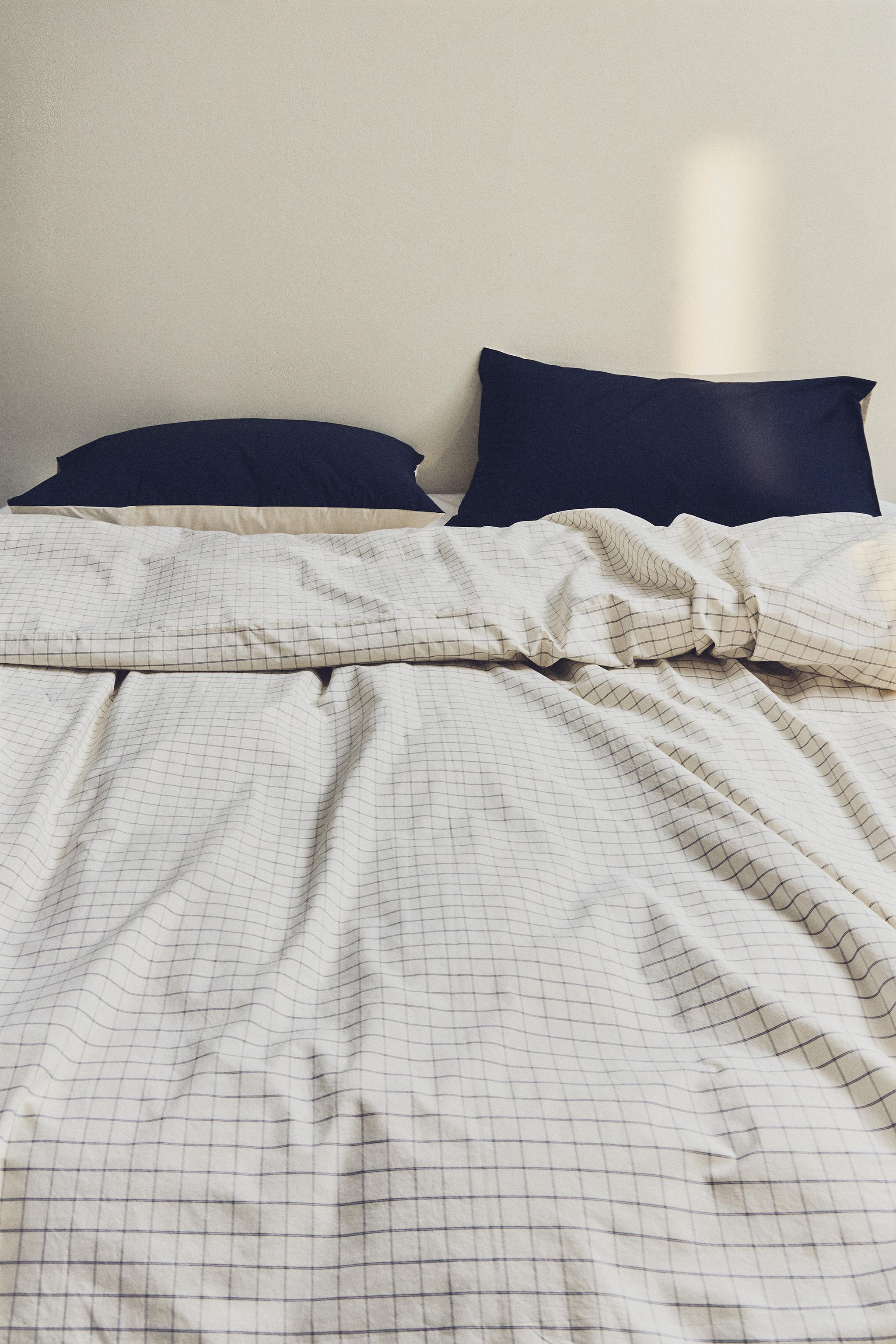 CHECKED COTTON DUVET COVER — Ecru