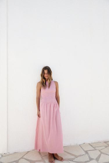 MIDI SUKNELĖ SU DVISPALVIAIS LANGELIAIS – Rožinė / balta – „Zara“