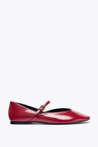 PATENT-EFFECT STRAPPY BALLET FLATS - Red by Zara