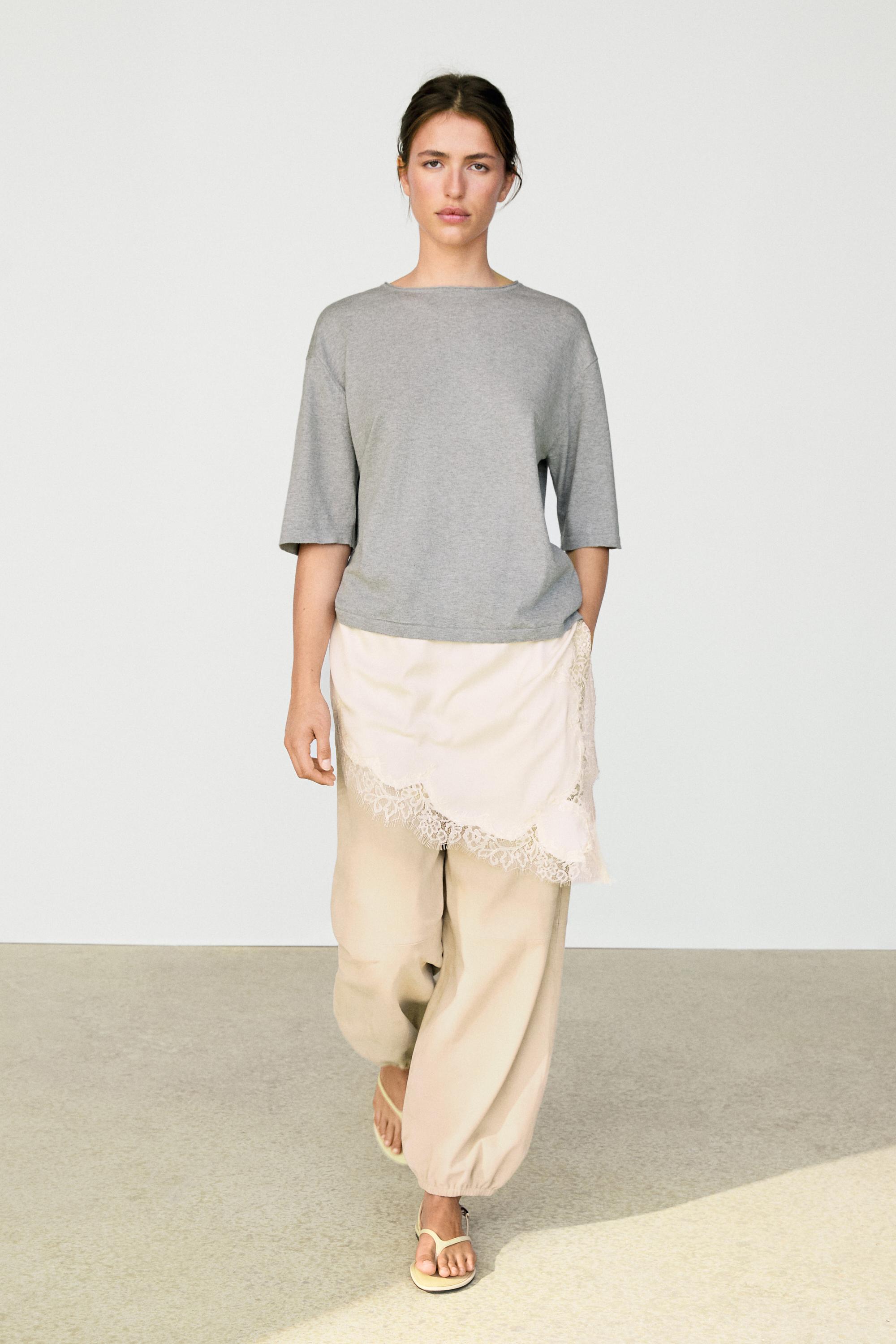 Sweater with contrast lace detail — Mid-gray