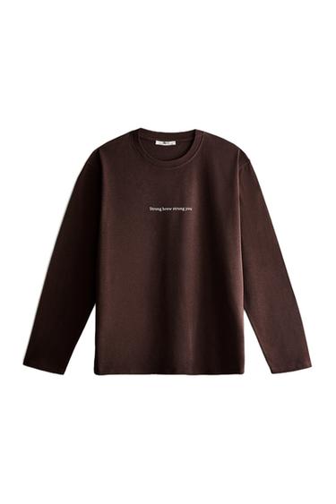 LONG-SLEEVE T-SHIRT WITH SLOGAN - Brown by Zara