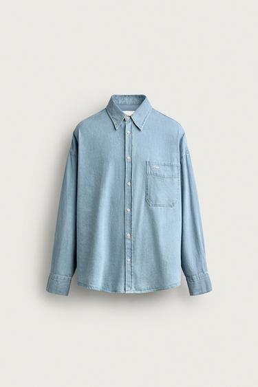 EMBROIDERED RELAXED FIT DENIM SHIRT - Sky blue by Zara