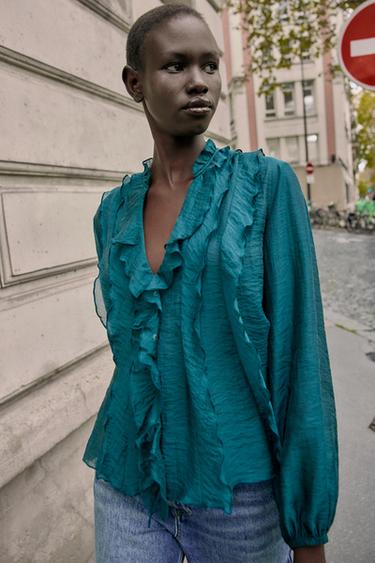 RUFFLED BLOUSE - Bottle green by Zara