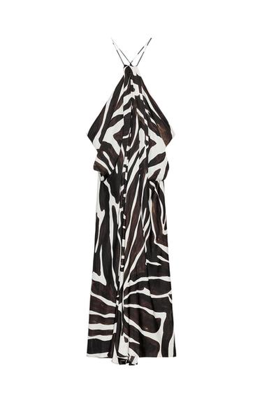 Zara ANIMAL PRINT HALTER DRESS ZW COLLECTION - Ecru / Black