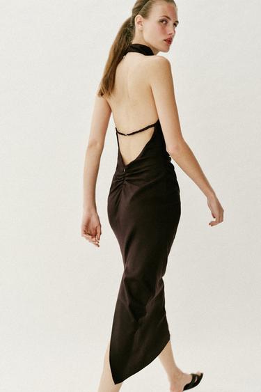 ROBE MI-LONGUE EN LIN À ENCOLURE AMÉRICAINE - Marron foncé de Zara - Image 4