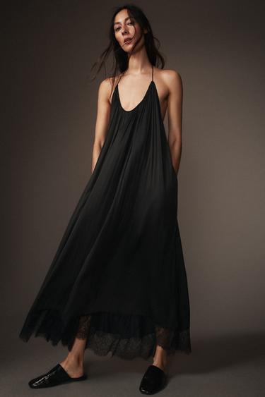 Zara ZW COLLECTION SATIN EFFECT HALTER DRESS WITH LACE TRIM - Black