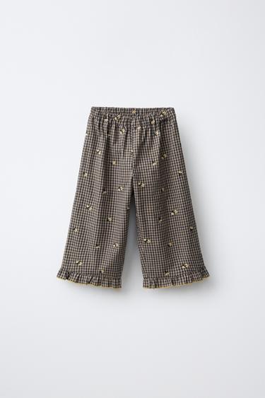 PANTALÓN CULOTTE CUADRO VICHY FLORES BORDADAS - Gris de Zara