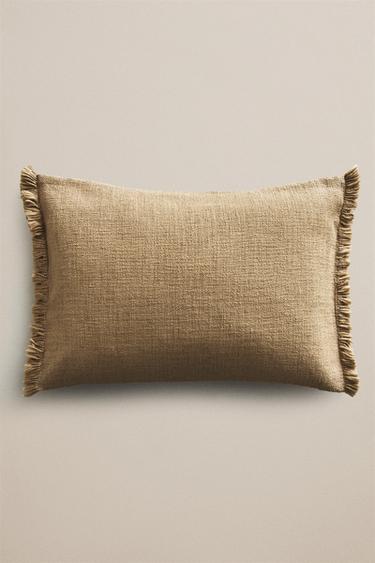 STRIPED FRINGE THROW PILLOW COVER — Sand 1