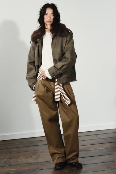 جاكيت جلد سويد اصطناعي بياقة قابلة للفك - كاكي by Zara