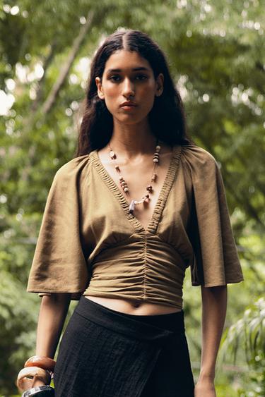 LINEN BLEND BLOUSE WITH RUFFLE SLEEVES - Toffee by Zara