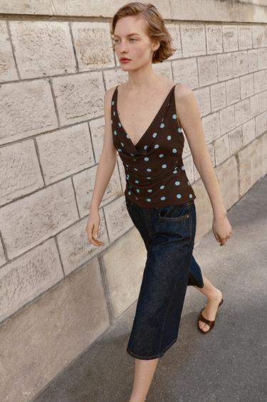 Zara FLOWY POLKA DOT TOP - Brown-Blue - Image 0