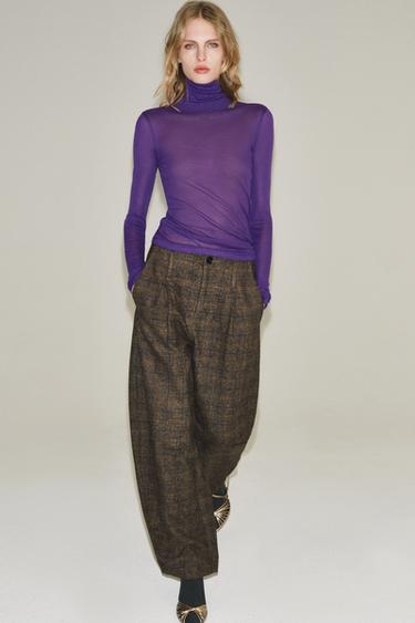 ZW COLLECTION BARREL CHECK WOOL BLEND TROUSERS - Tobacco by Zara