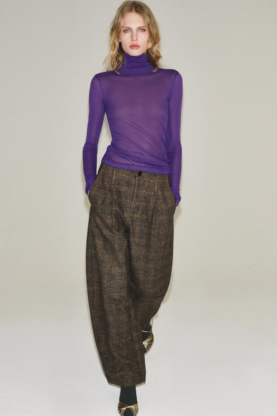 ZW COLLECTION BARREL CHECK WOOL BLEND TROUSERS - Tobacco by Zara - Image 0