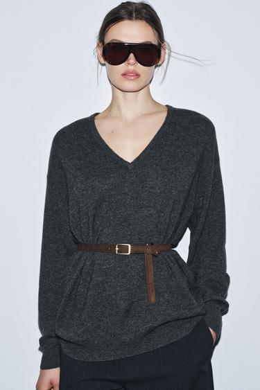 PULL OVERSIZE 100% LAINE AVEC CEINTURE - Gris de Zara - Image 1