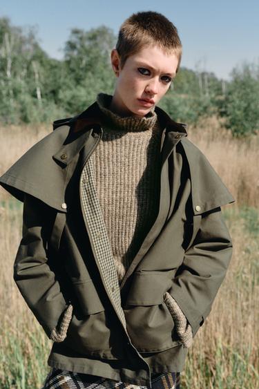 Zara ZW COLLECTION CONTRAST COLLAR HOODED TRENCH - Gray green