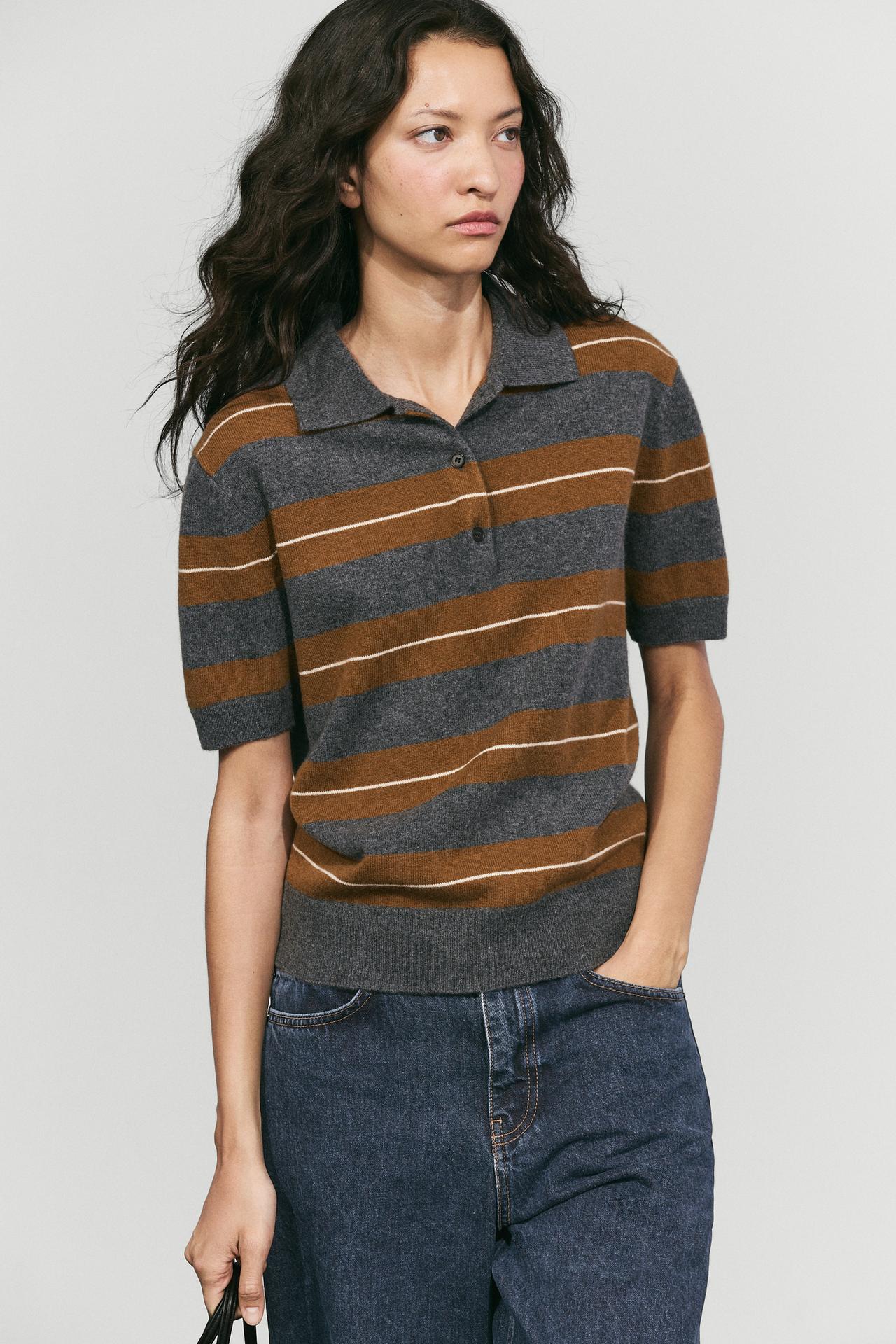 100% wool striped knit polo — Mid-gray