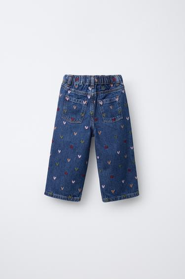 HEART-EMBROIDERED CULOTTES JEANS - Blue by Zara - Image 1