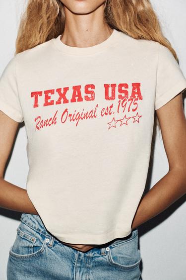 Zara WASHED EFFECT TEXT T-SHIRT - Ecru