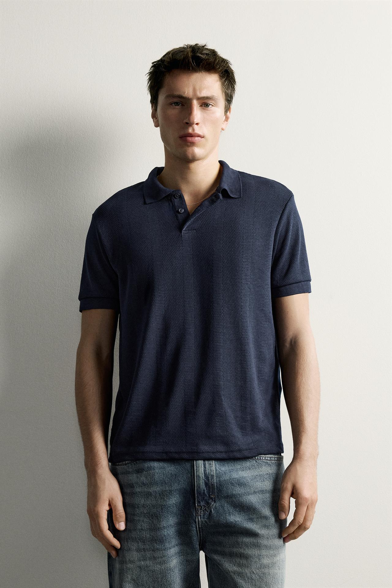 REGULAR FIT STRIPED JACQUARD POLO — Navy blue