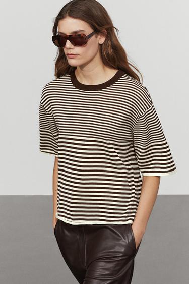 100% cotton short sleeve striped T-shirt — Brown 1