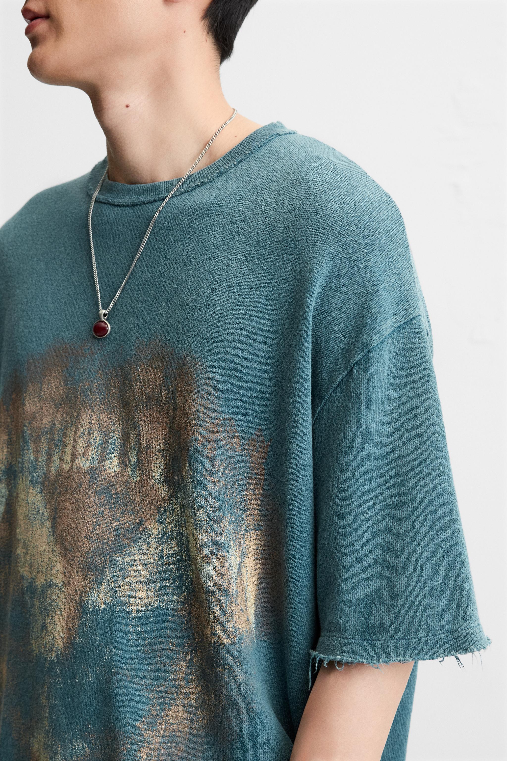 【ZARA】ウォッシュ加工プリントニットＴシャツ4805/435/428 ウォッシュ加工プリントニットTシャツ - ブルー/グレー | ZARA