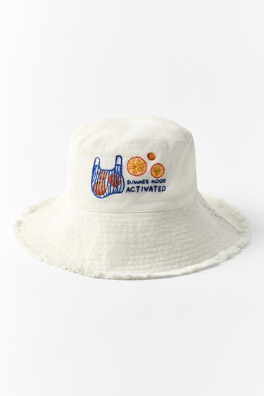 ORANGE EMBROIDERED TWILL BUCKET HAT - Ecru by Zara