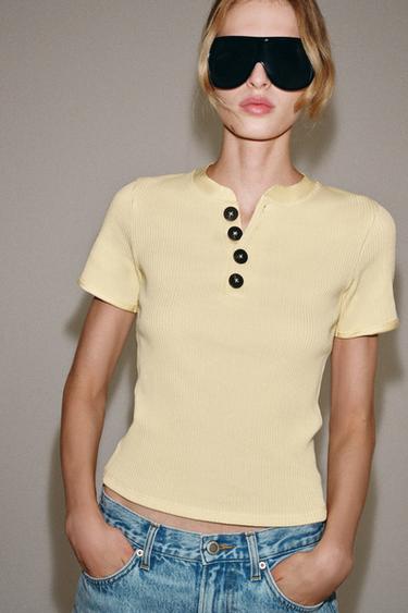 COTTON BUTTON T-SHIRT - Lemon by Zara