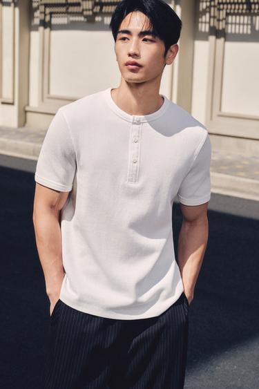 Zara 紋理鈕扣領T恤 - 白色