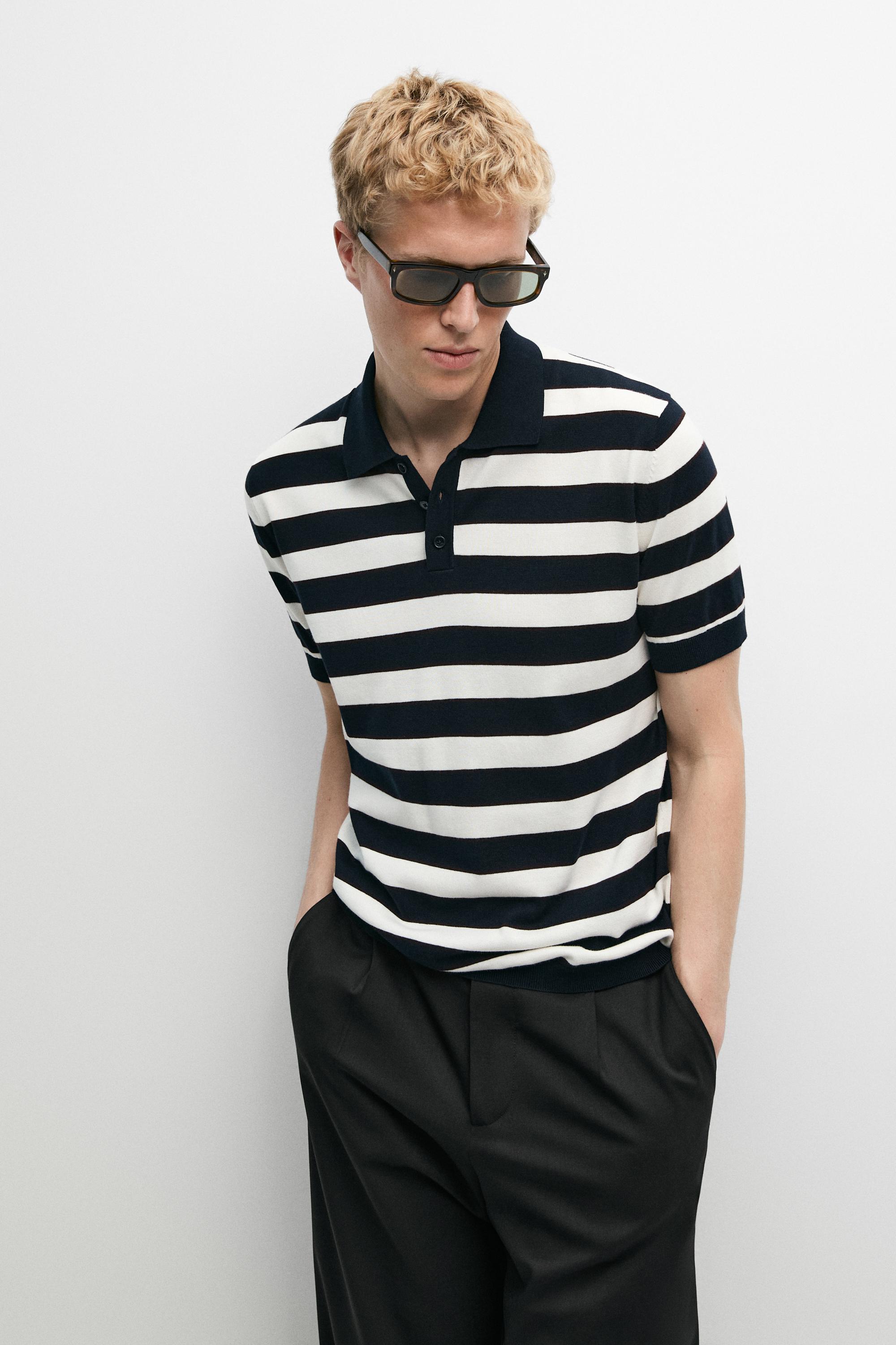 100% cotton striped knit polo shirt — Navy blue