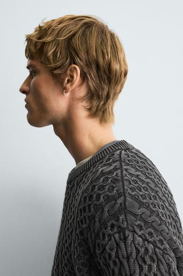 WASHED CABLE-KNIT SWEATER - Black by Zara - Image 4