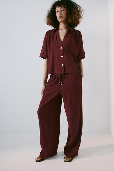 Zara TEXTURED SHIRT WITH ROLLED SLEEVES - Burgundy