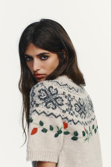 HAUT À MANCHES COURTES EN MAILLES JACQUARD BRODÉES - Noir / Sable de Zara - Image 3