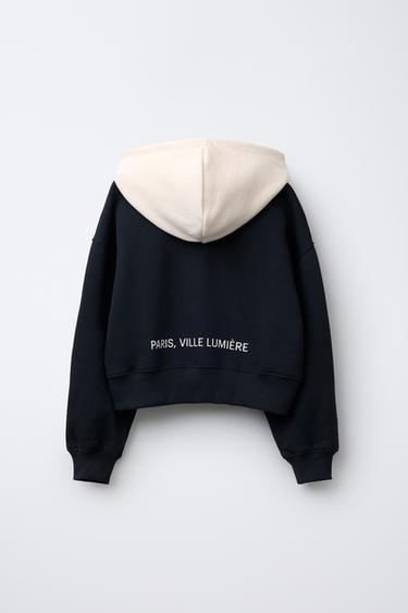 Zara FLOCKED TEXT HOODIE - Black