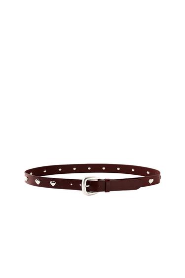 Front view of a brown belt with a silver buckle and heart embellishments.
