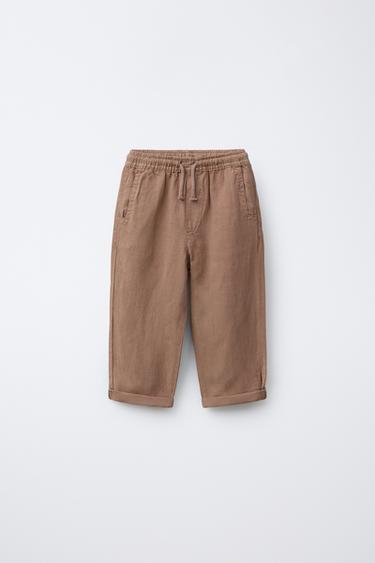 Zara LINEN BLEND STRAIGHT PANTS - Brown