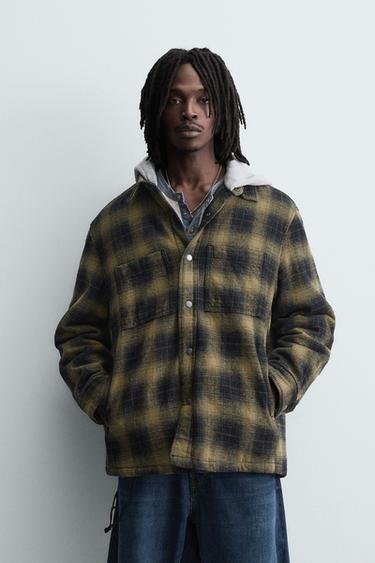 HOODED CHECK OVERSHIRT - Black / Green by Zara