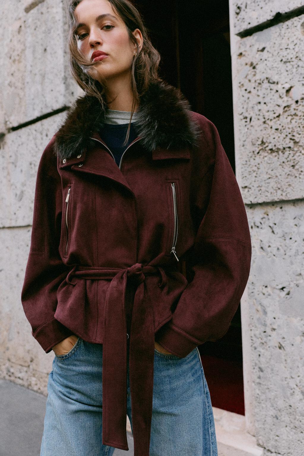FAUX-FUR COLLAR BELTED JACKET