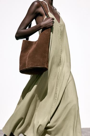 VOLUMINOUS LINEN BLEND MIDI DRESS - Light khaki by Zara - Image 1