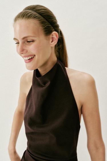 ROBE MI-LONGUE EN LIN À ENCOLURE AMÉRICAINE - Marron foncé de Zara - Image 3