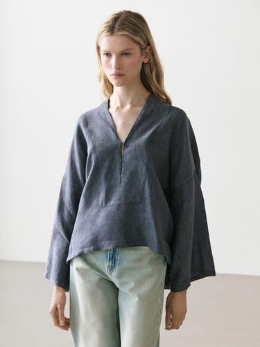 Kimono escote pico 100% lino - Índigo de Zara