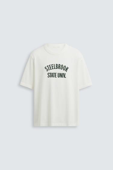 Zara RIB TEXT T-SHIRT - Oyster-white