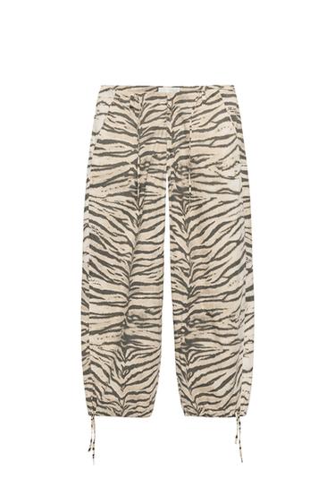 Zara ANIMAL PRINT WIDE LEG DRAWSTRING PANTS - Tiger