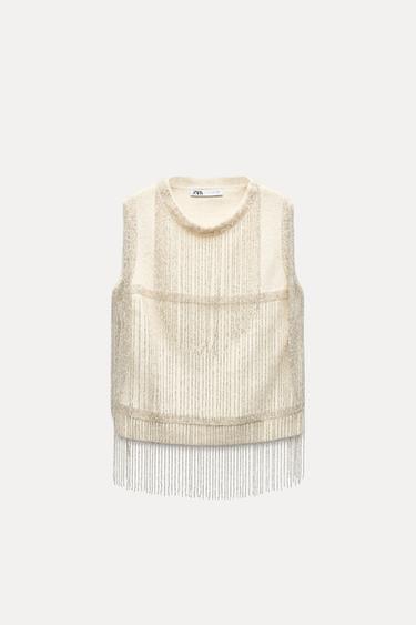 FRINGED AND BEADED KNIT JUMPER - Ecru by Zara