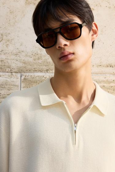 Zara 拉鍊針織 POLO 衫 - 裸色