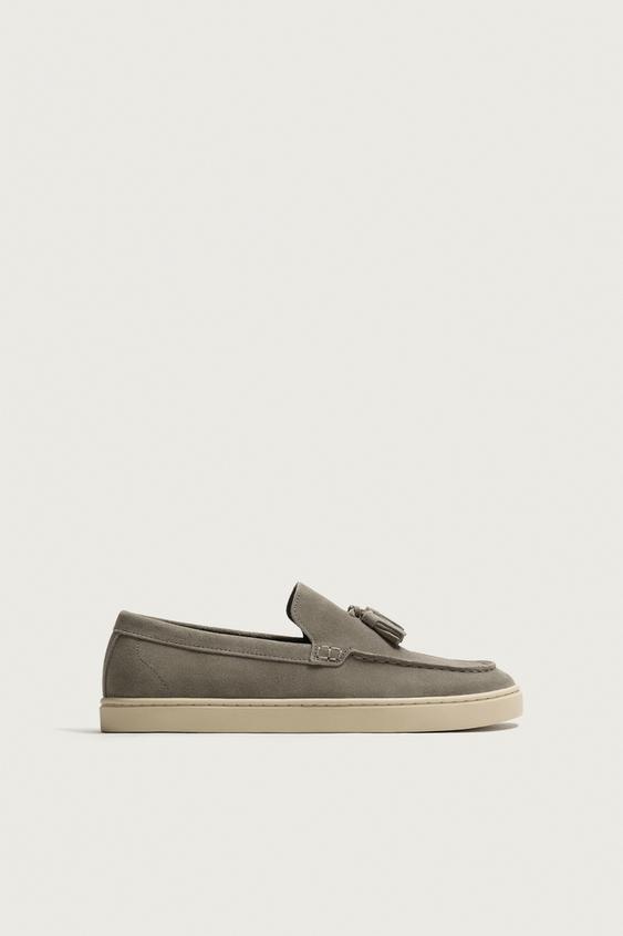 MOCASSIM DE COURO COM BORLAS - Azul-acinzentado da Zara - Imagem 0