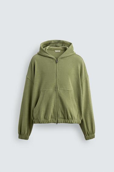 Zara WASHED WAFFLE HOODIE JACKET - Pistachio