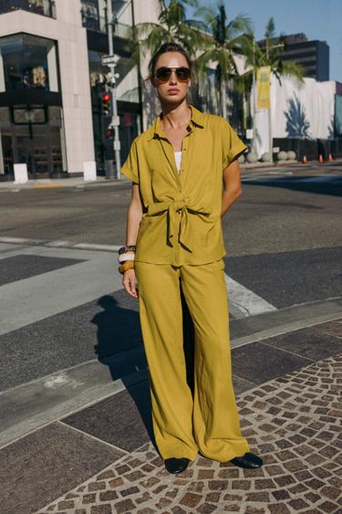 STRAIGHT-LEG LINEN BLEND TROUSERS - Mustard by Zara