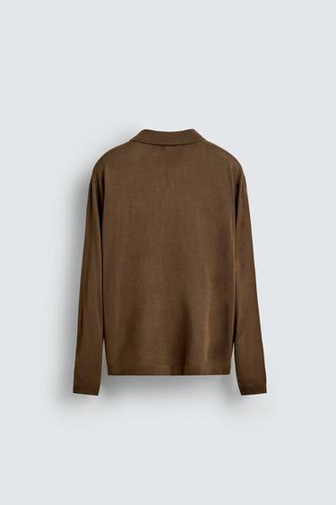 Zara TEXTURED KNIT POLO SHIRT - taupe brown